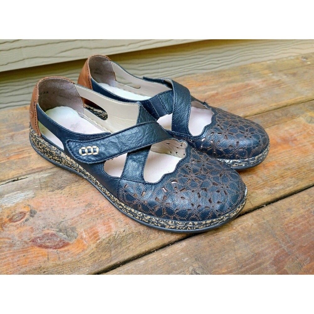 Rieker Daisy Navy Laser Cut Dress Comfort Shoe Sz 39 Mary Jane Sz 8